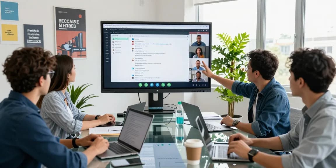 Team collaborating on WhatsApp網頁版 video call in a modern office setting