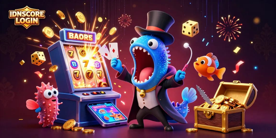 IDNSCORE LOGIN showcases an eccentric deep-sea gambling experience with vibrant characters and magical elements.