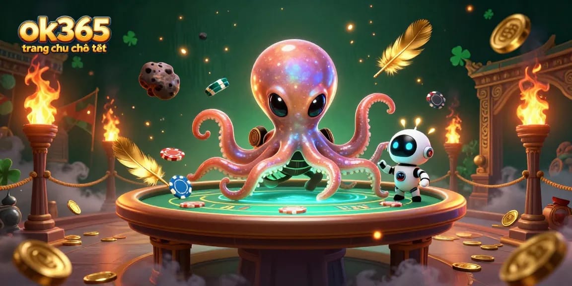 Experience excitement with ok365 trang chủ chính thức; a dynamic poker game scene featuring vibrant characters and casino motifs.