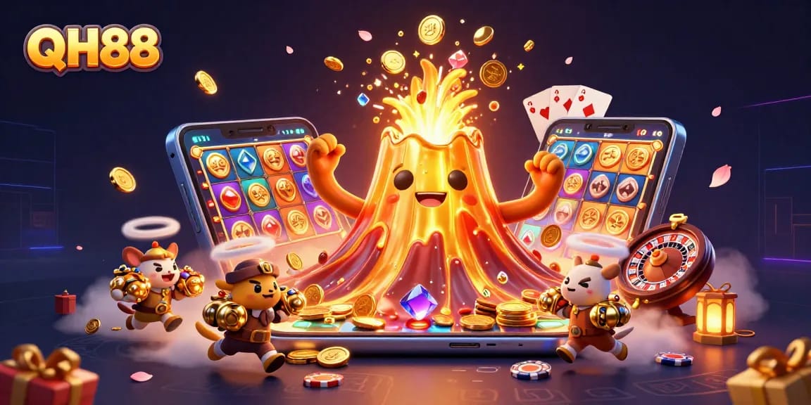 Experience thrilling wins at QH88 with vibrant 3D casino scene featuring a golden volcano and treasures!