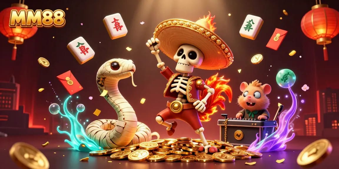 Win big with MM88 as lively characters celebrate on a gold coin mountain in a vibrant casino setting.