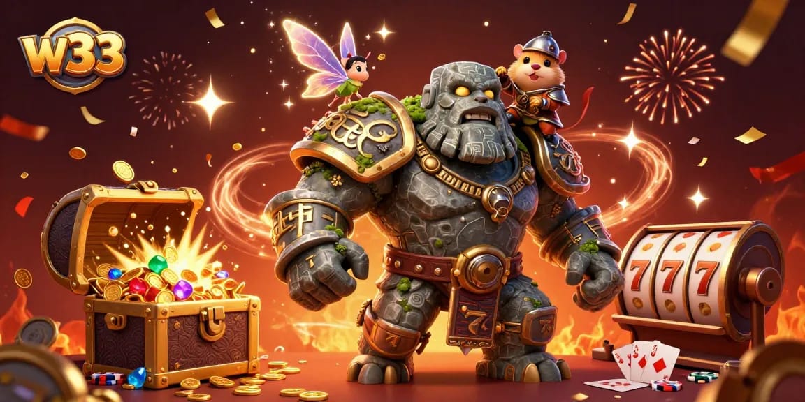 Engage in thrilling gameplay with w33 casino as characters explore vibrant poker tables and slot reels.