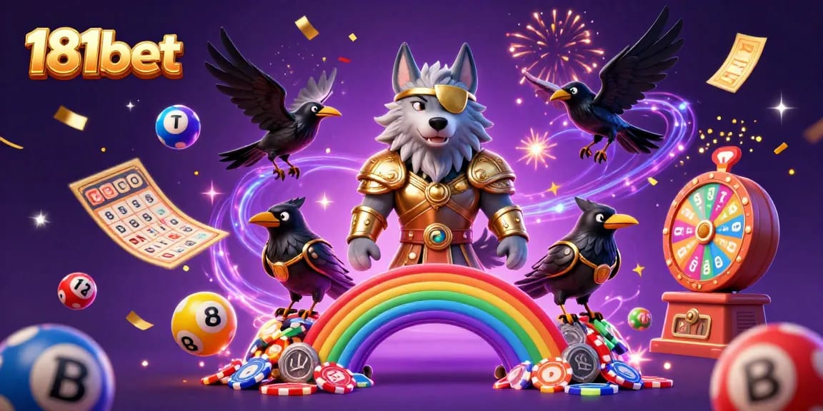 Engage with 181bet's thrilling casino atmosphere featuring a Norse wolf and ravens amid vibrant game elements.