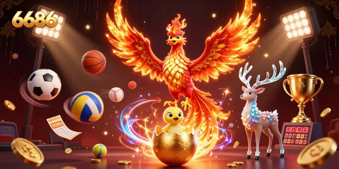 Experience thrilling moments with 6686 as the fire phoenix soar amidst dynamic sports action in this vibrant illustration.