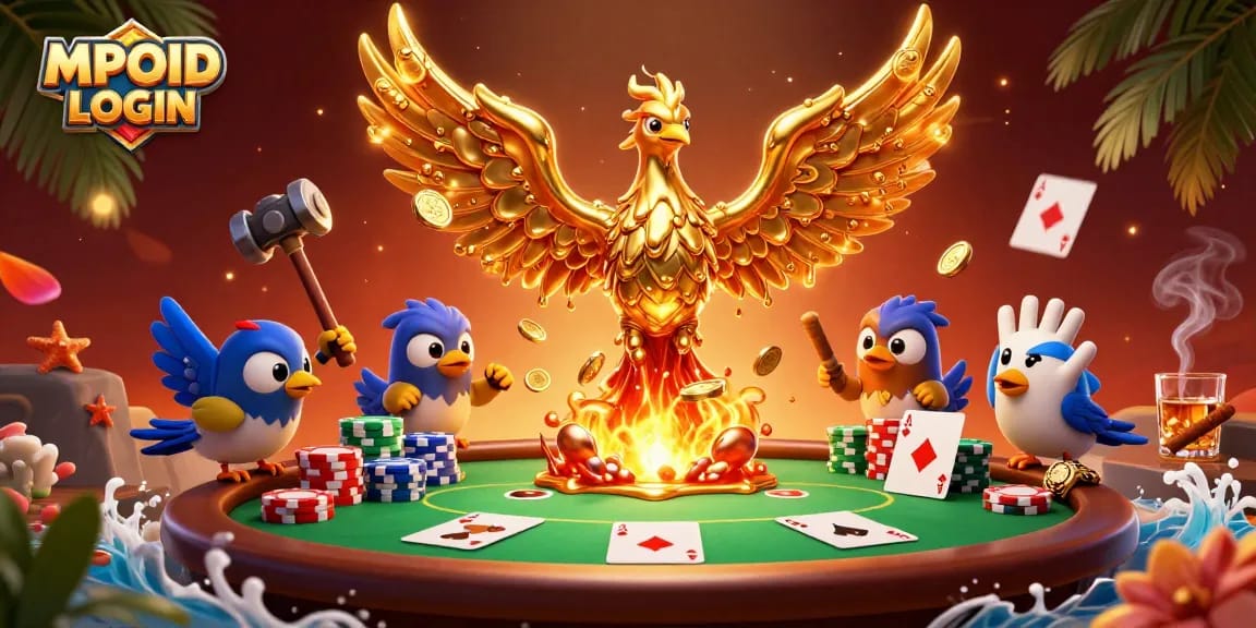 MPOID LOGIN showcases a vibrant fusion of casino excitement and dynamic game symbols in a captivating 3D scene.