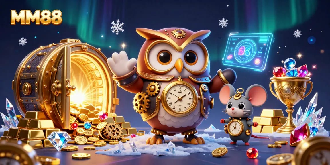 Experience the MM88 action with a dynamic 3D casino scene featuring steampunk characters and riches.