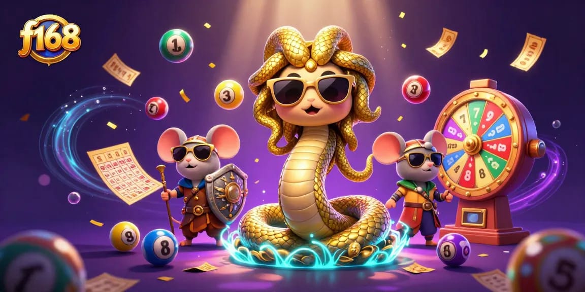 Engage with f168's vibrant gaming experience featuring dynamic lottery elements and characters.