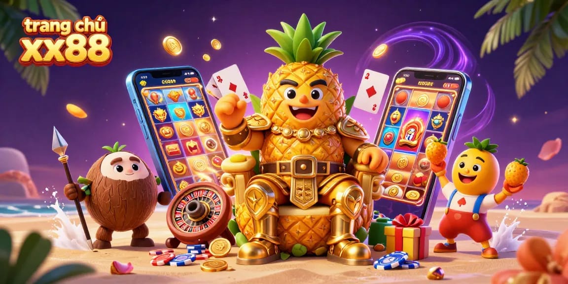 Engage with the dynamic world of trang chủ xx88 featuring a golden pineapple king among vibrant casino elements.