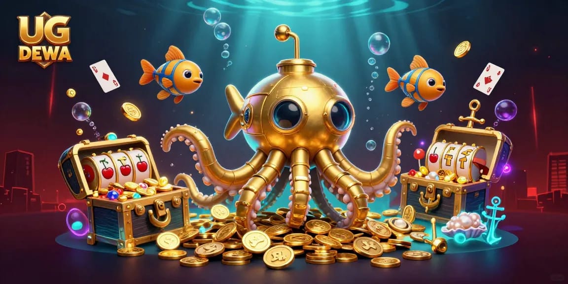 Experience exhilarating slot action with UG DEWA's vibrant underwater gaming scene featuring golden kraken and treasure.
