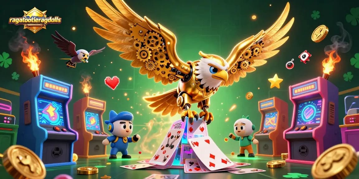 Engage in thrilling gameplay with ragatootieragdolls, featuring a golden eagle amidst holographic playing cards.