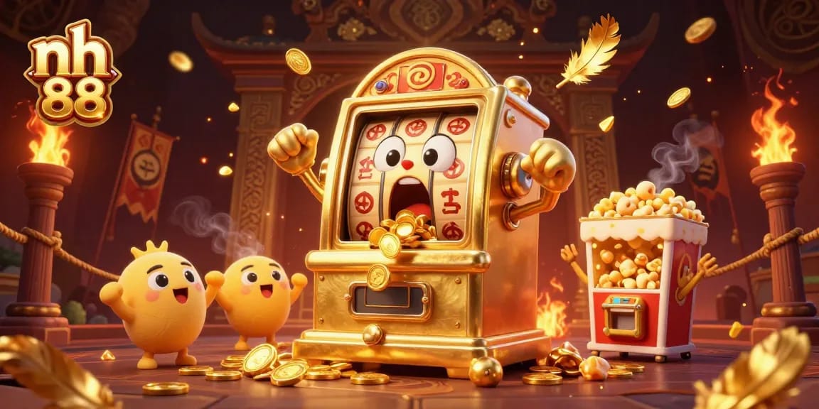 Experience the excitement of nh 88 with a golden slot machine hitting a jackpot and celebrating with coins cascading around!