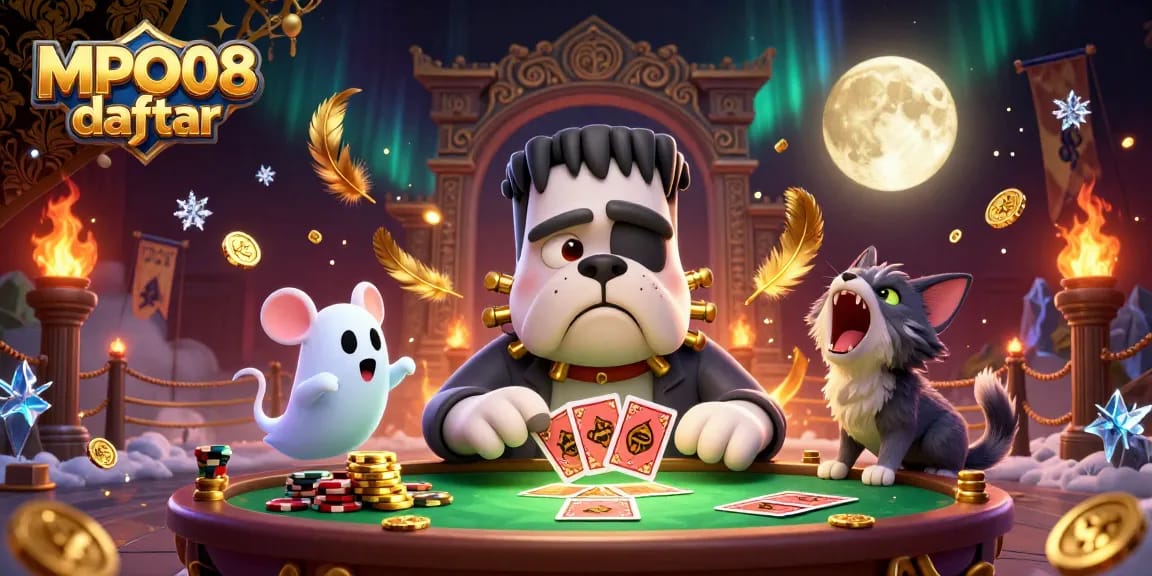 MPO08 daftar showcases lively gaming elements with a Frankenstein bulldog dealer and a werewolf kitten under a spooky casino ambiance.
