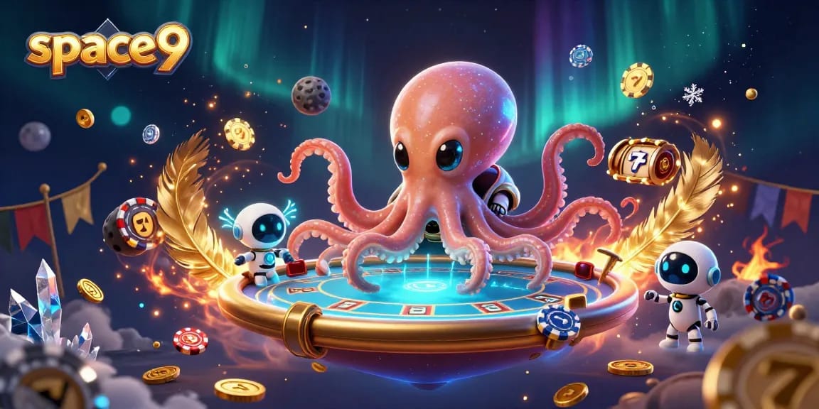 Engage in thrilling gameplay at Space9 with an otherworldly casino scene featuring vibrant poker elements.
