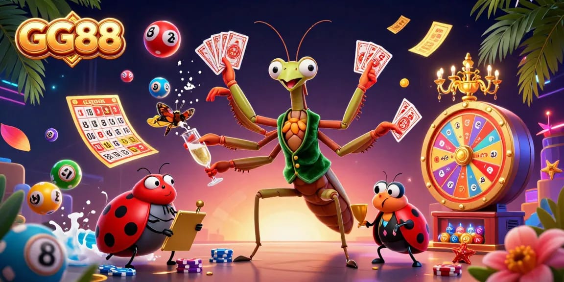 Experience the thrill of GG88 with a vibrant 3D casino scene featuring a giant praying mantis card sharp and colorful lottery elements.