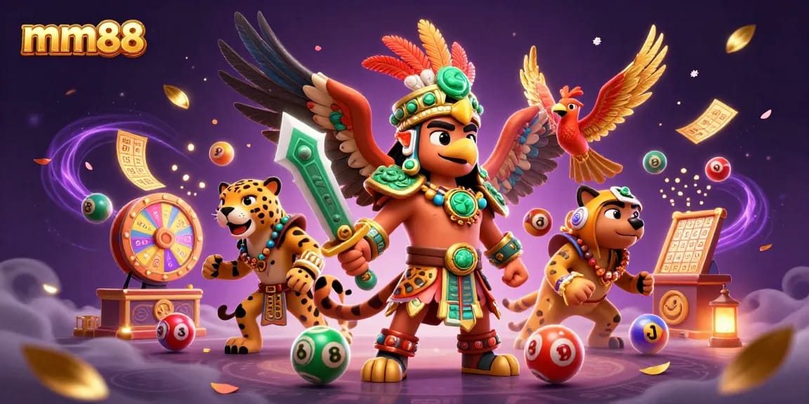 mm88 players celebrate lottery wins amidst a vibrant Aztec-themed casino scene