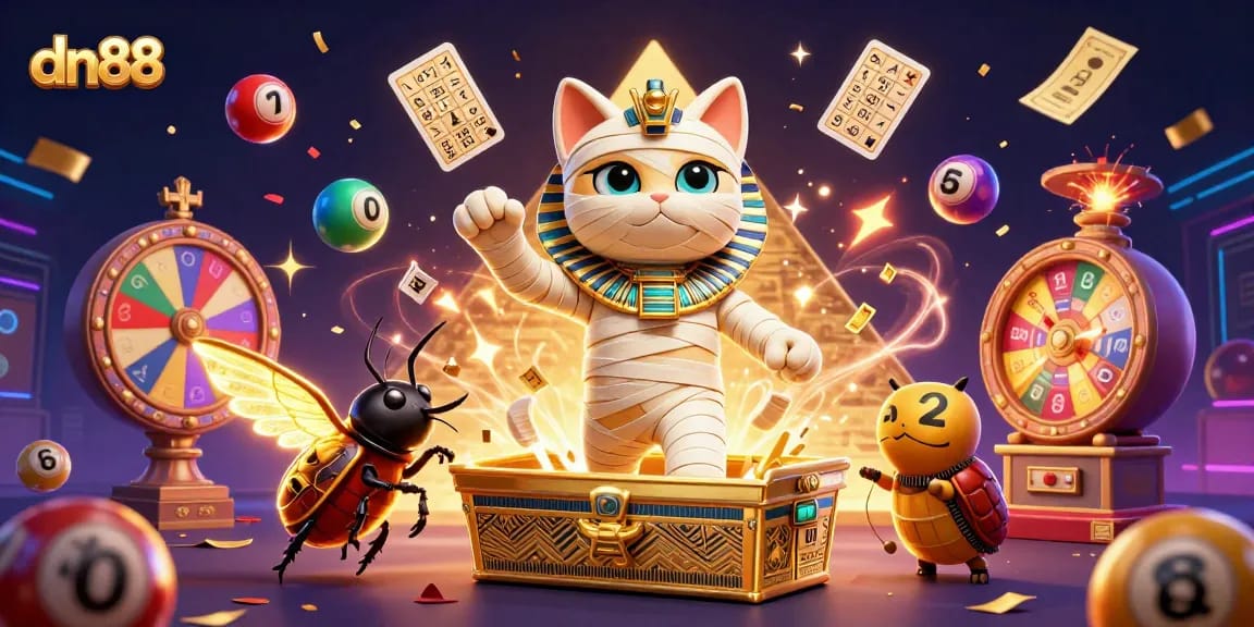 Win big with dn88 in an exciting 3D casino scene featuring a mummy cat and scarab beetle!