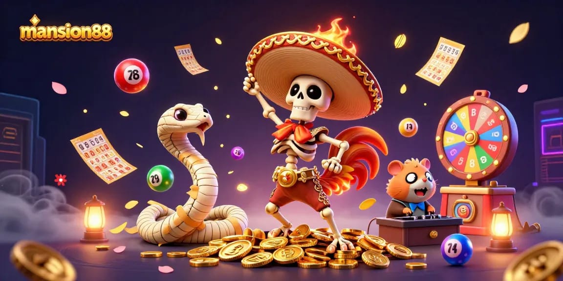 Experience the excitement of mansion88 with vibrant lottery balls and golden coins in a lively 3D illustration.