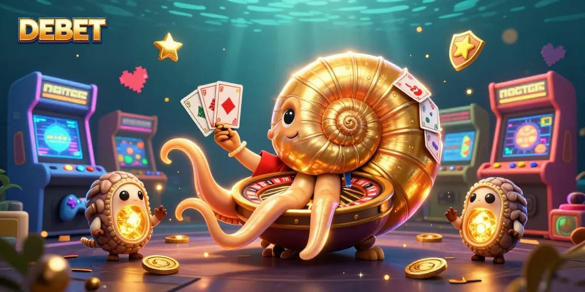 Engage with DEBET's vibrant casino theme featuring a giant nautilus holding cards and surrounded by game elements.