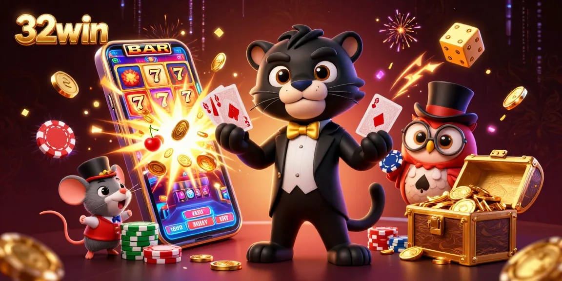 Experience thrilling action at 32win with a stylish panther dealing cards at a vibrant casino scene.