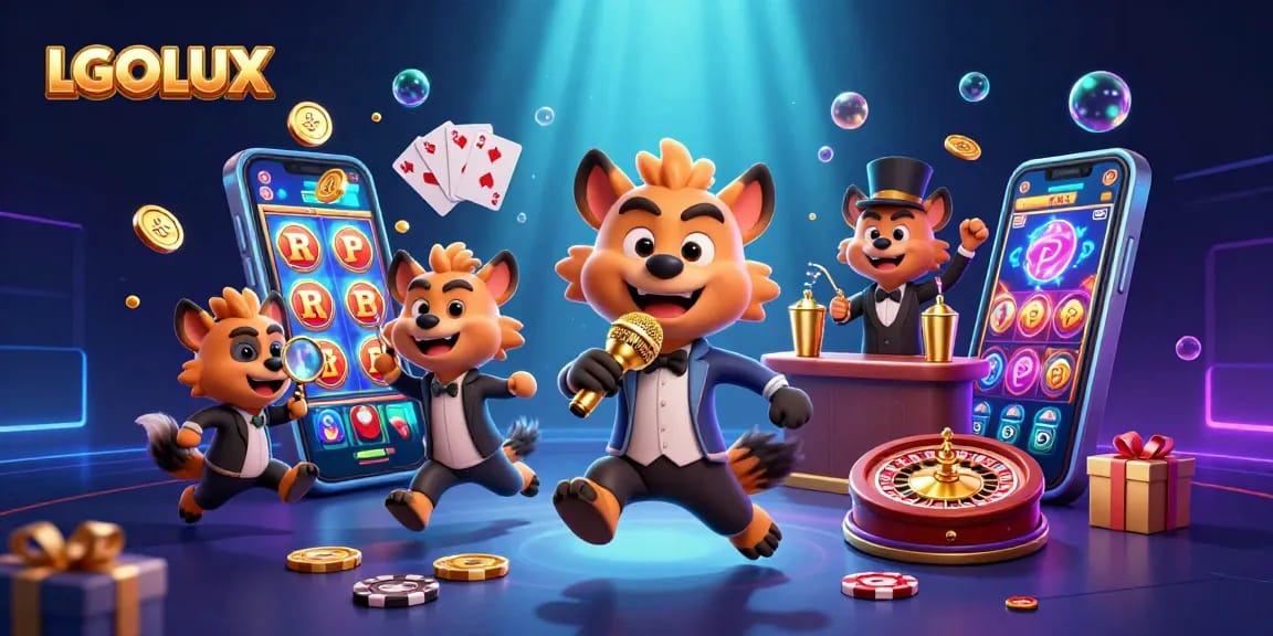 Experience LGOLUX with hyenas in a vibrant casino scene, enjoying slots and golden coins.