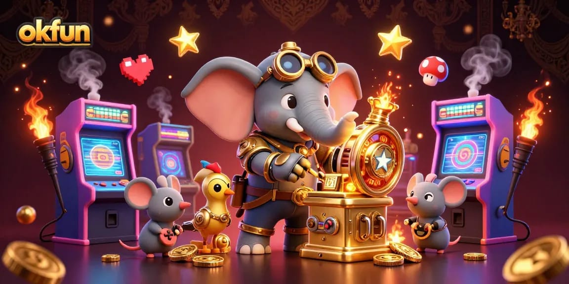 Spin the okfun slot machine with a steampunk elephant engineer and vibrant gaming elements in a rich casino scene.