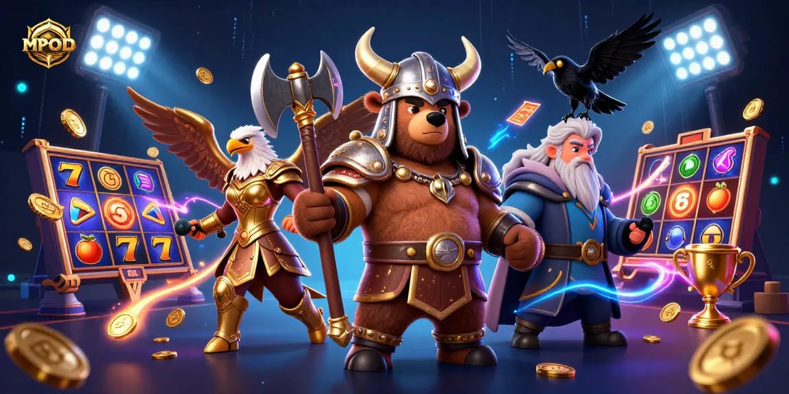 MPOID offers exciting slot games featuring a Viking berserker, Valkyrie eagle, and glowing elements.