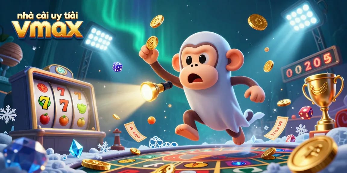 Join the fun with nhà cái uy tín Vmax, featuring playful characters juggling coins and games in a vibrant casino scene.