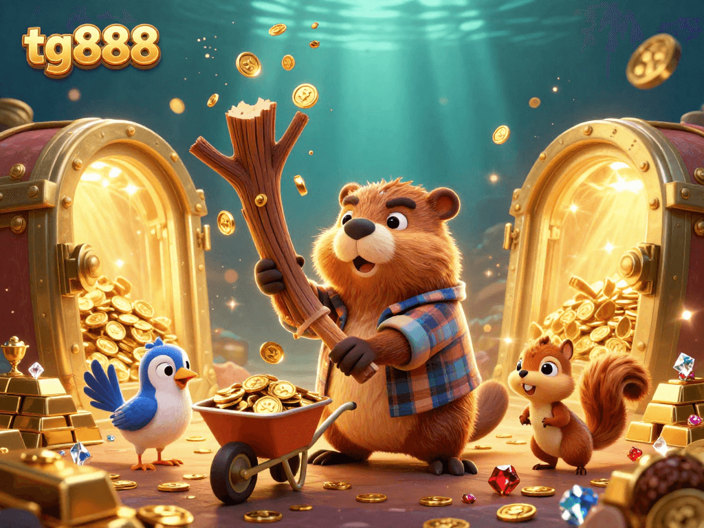 Engage with tg888's thrilling games while a lumberjack beaver chops for gold amidst stunning riches.