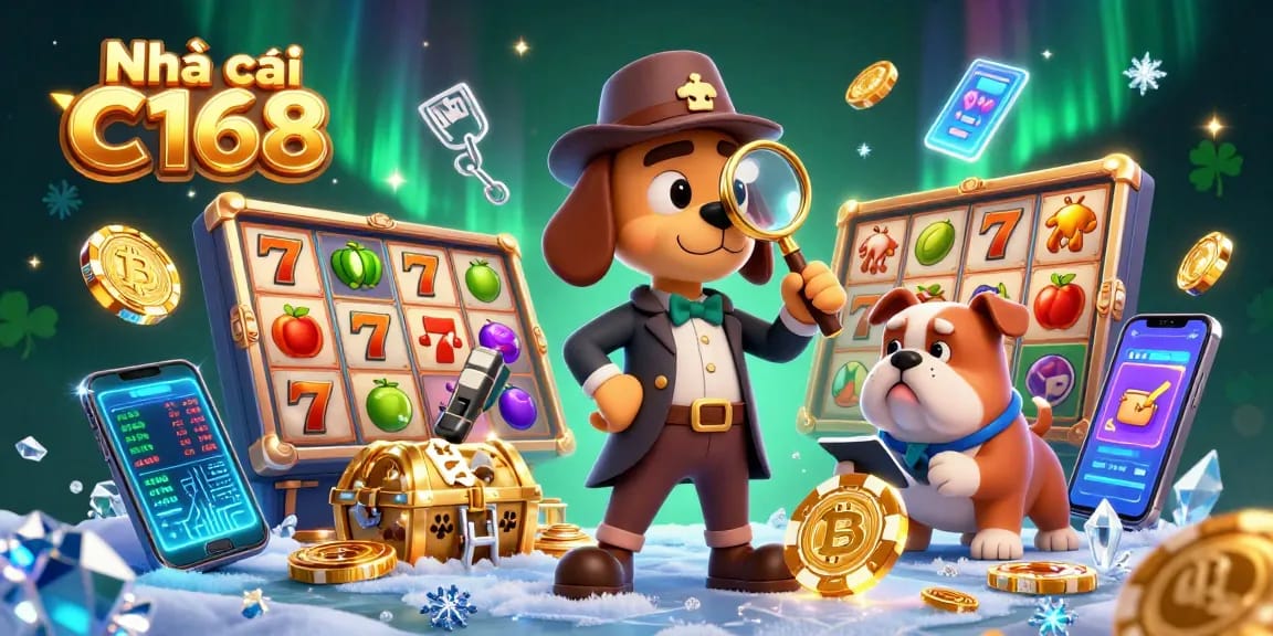 Engage with Nhà cái C168 in this vibrant casino scene illustrating a detective-themed poker adventure.