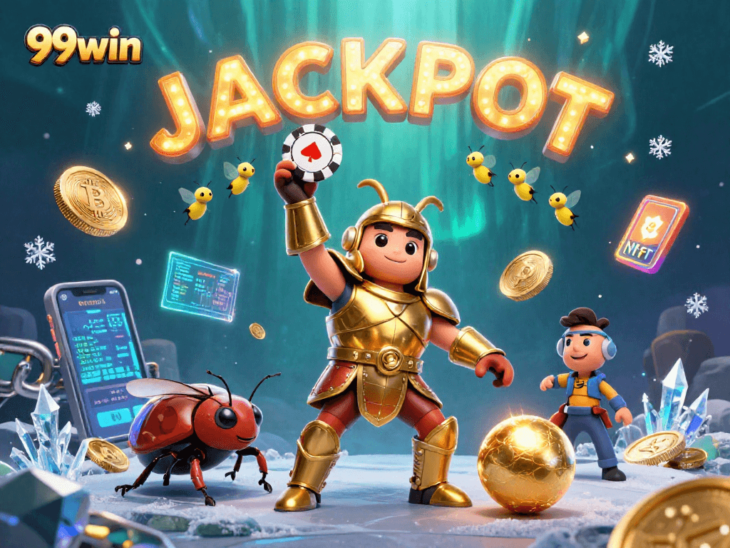 Experience the thrill of 99win with vibrant gaming illustrations, featuring iconic characters and neon crypto elements.