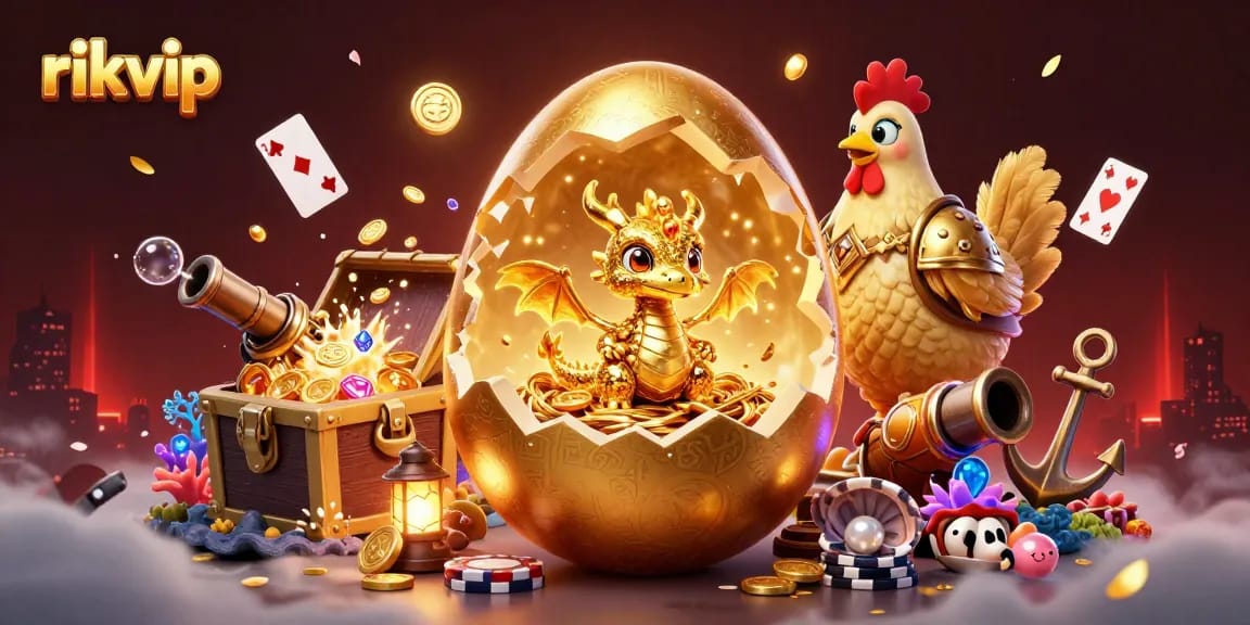 Experience the excitement of rikvip with a golden dragon atop poker chips amidst vibrant casino elements.