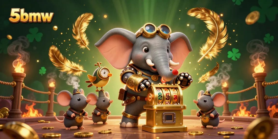 Spin to win at 5bmw's golden slot machine with steampunk characters and vibrant casino elements.