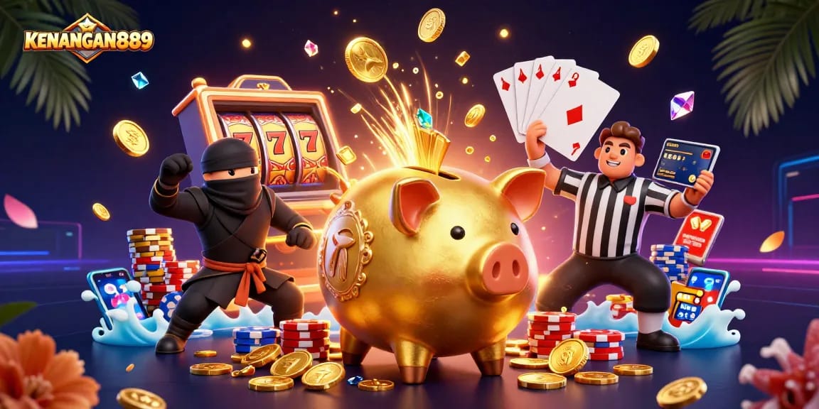 Experience gaming excitement at KENANGAN889 with a dynamic scene of a golden piggy bank sumo wrestler, exciting slot reels, and vibrant casino elements.