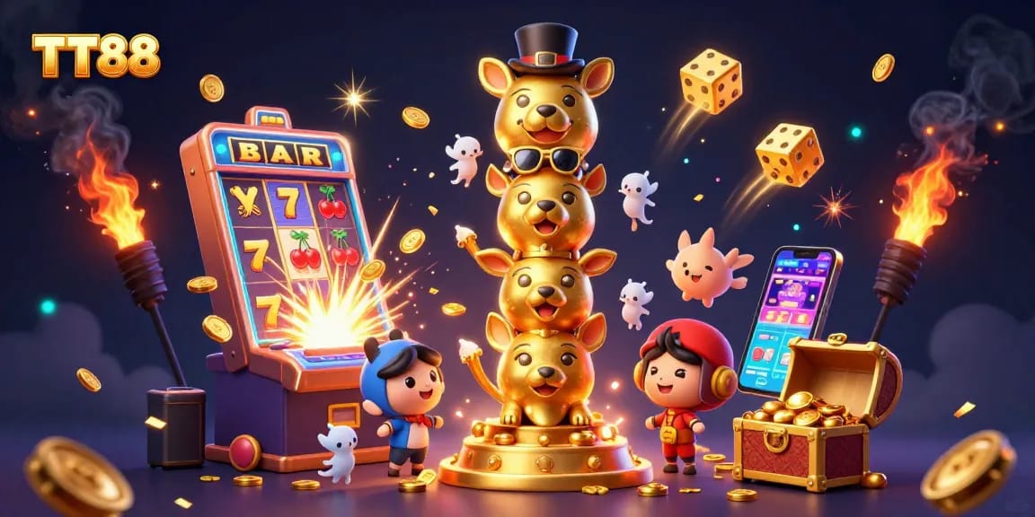Experience the excitement at TT88 with animated golden totem and vibrant casino elements.