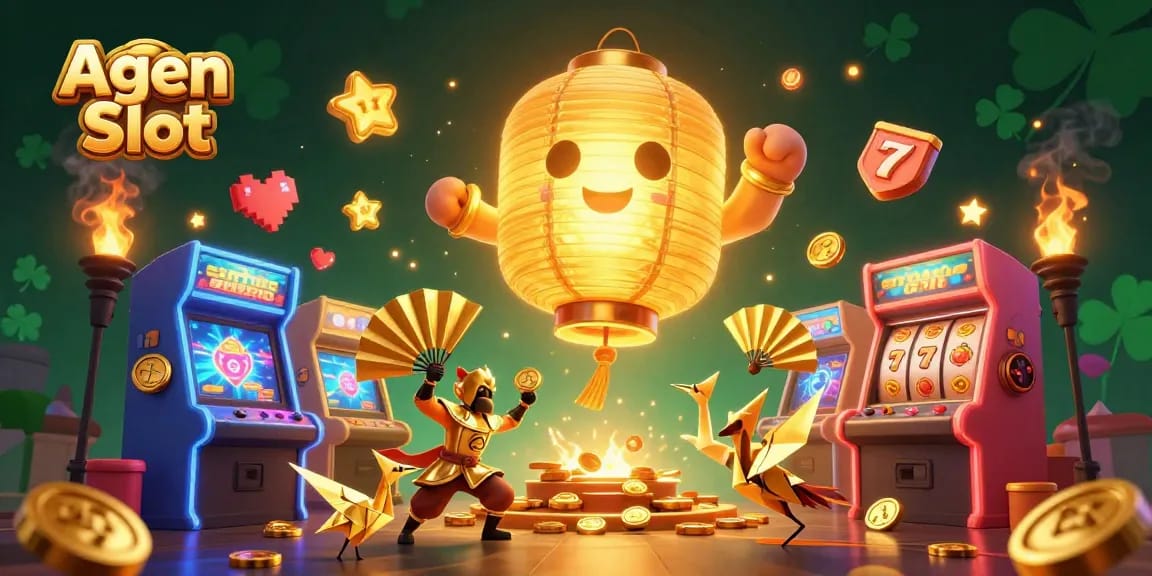 Agen Slot features a 3D golden lantern spirit surrounded by dynamic casino elements in a vibrant night market