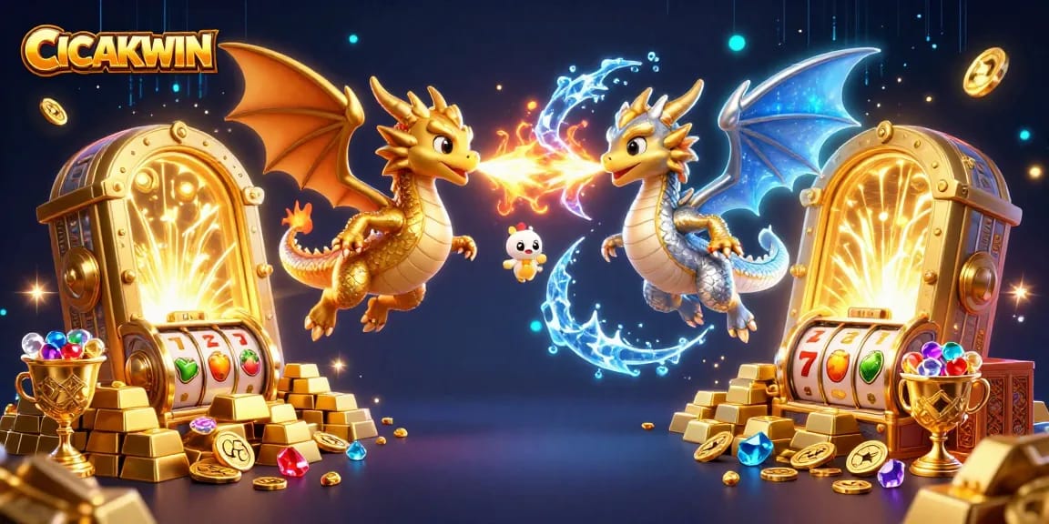CICAKWIN offers thrilling gameplay with fiery and icy dragons amidst treasure and slot reels spinning