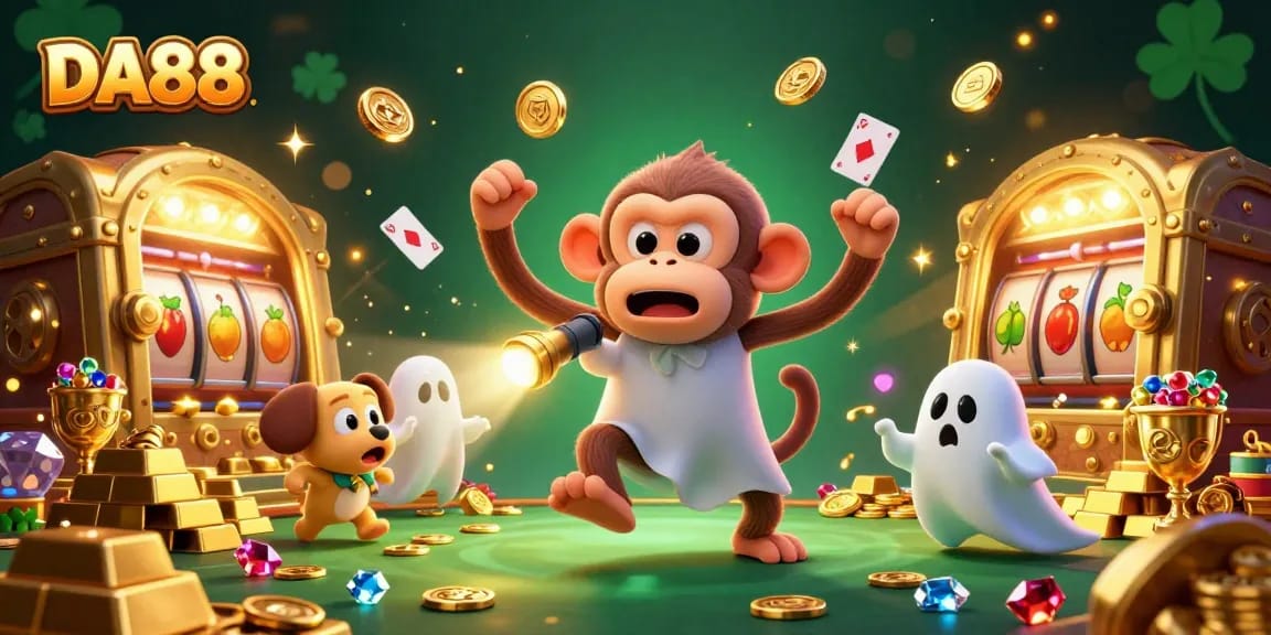 Experience the thrills of DA88 with a mischievous ghost monkey and ghost-hunter puppy among casino riches.