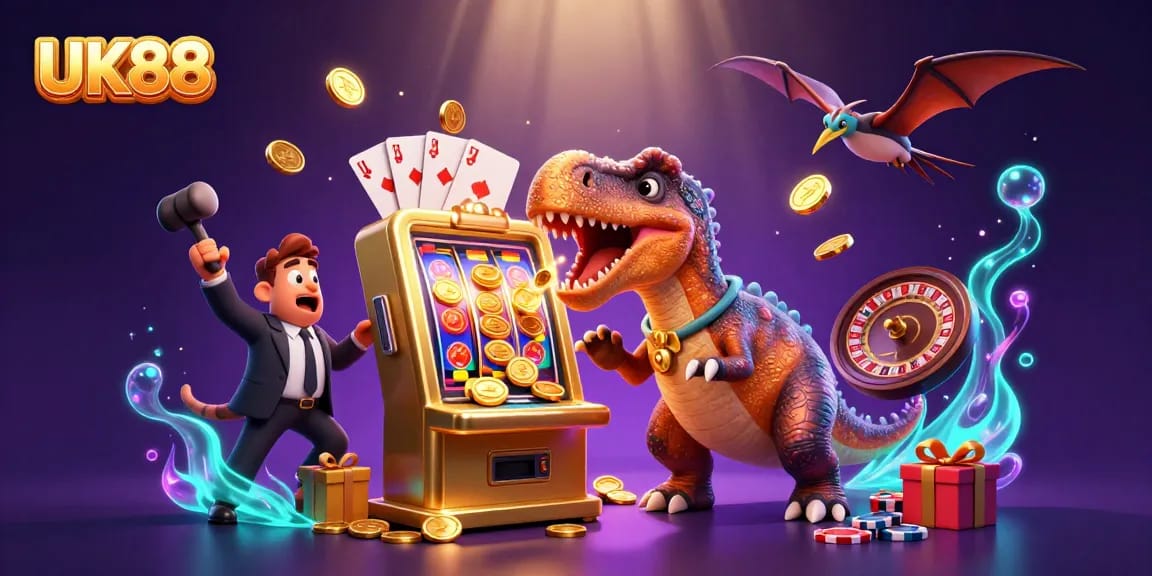 UK88 features dynamic casino action with a pachycephalosaurus jackpot, showcasing lively gambling elements.