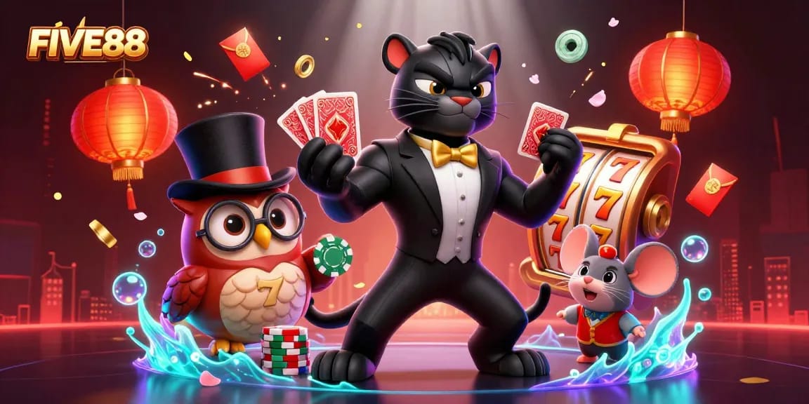 Experience thrilling gaming with FIVE88's elegant dealers amidst dynamic slot elements and festive decor.