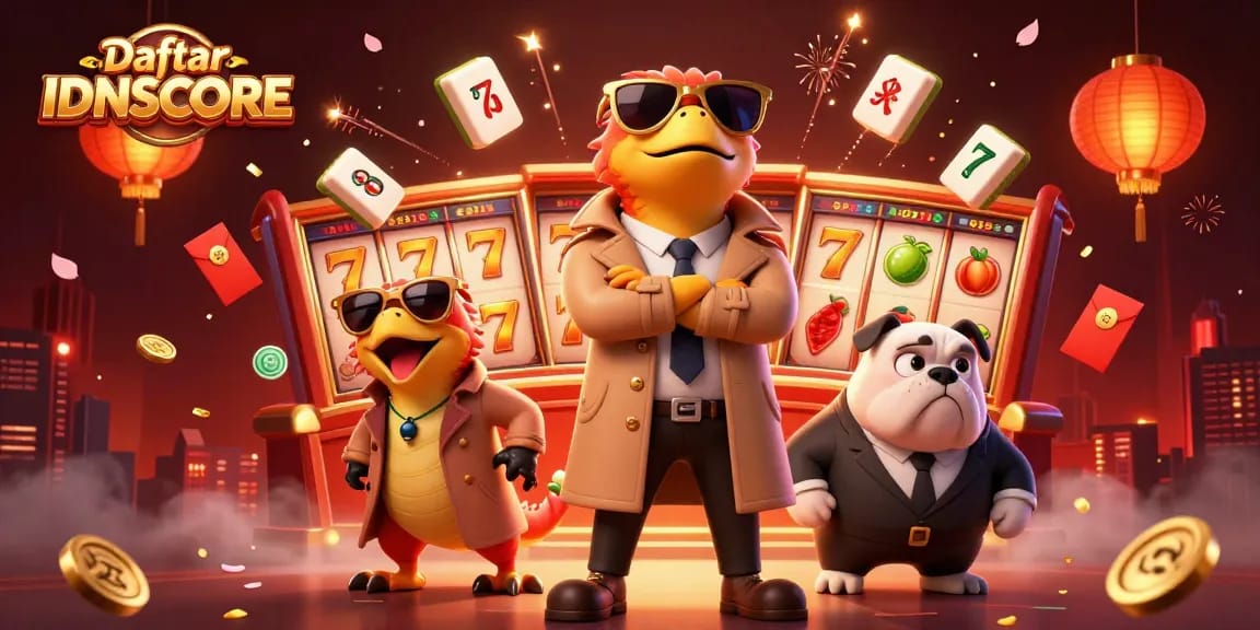 Engaging scene showcasing Daftar IDNSCORE with raptors in trench coat entering a VIP casino, rich with game symbols.