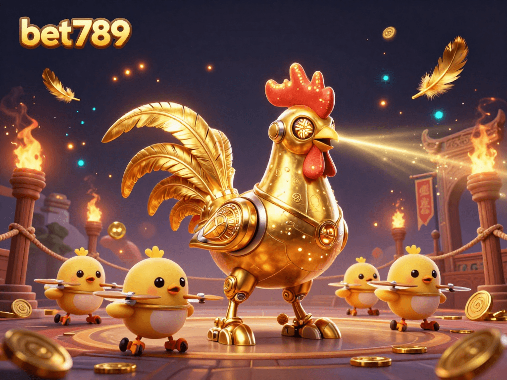 Experience thrilling moments at bet789 with a golden rooster robot and chick drones in an exciting casino arena.