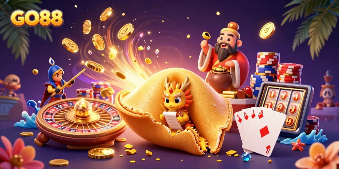 Experience GO88's exciting gaming atmosphere with golden fortunes and dynamic casino elements.