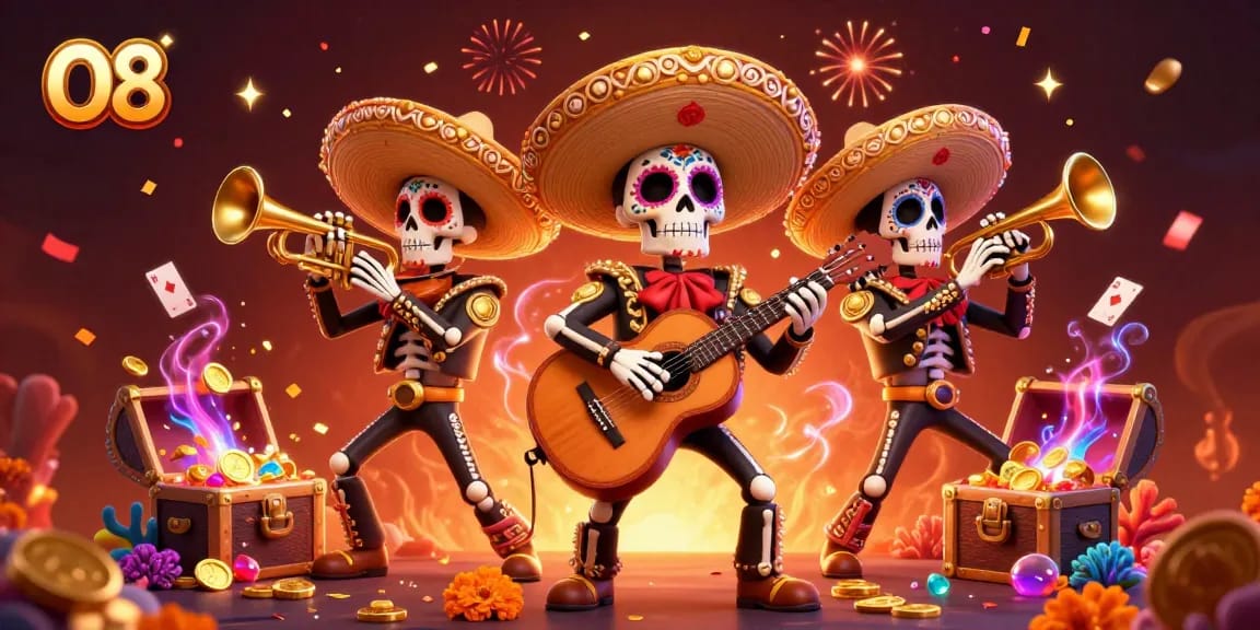 Experience O8's vibrant 3D illustration featuring a lively mariachi band amidst treasures, engaging with casino excitement.