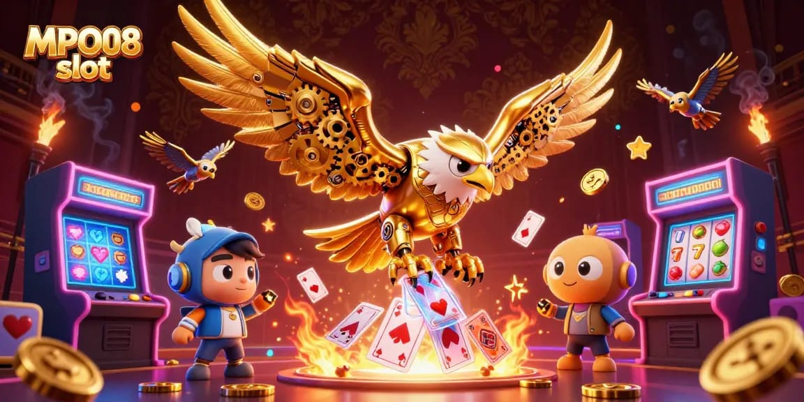 Experience the thrill with MPO08 slot as the golden eagle dives through holographic cards.