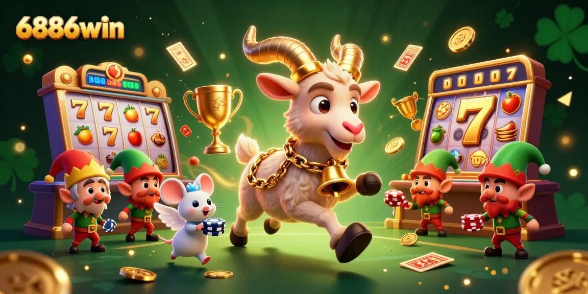 Experience thrilling gameplay at 6886win with lively slot reels and festive casino characters.