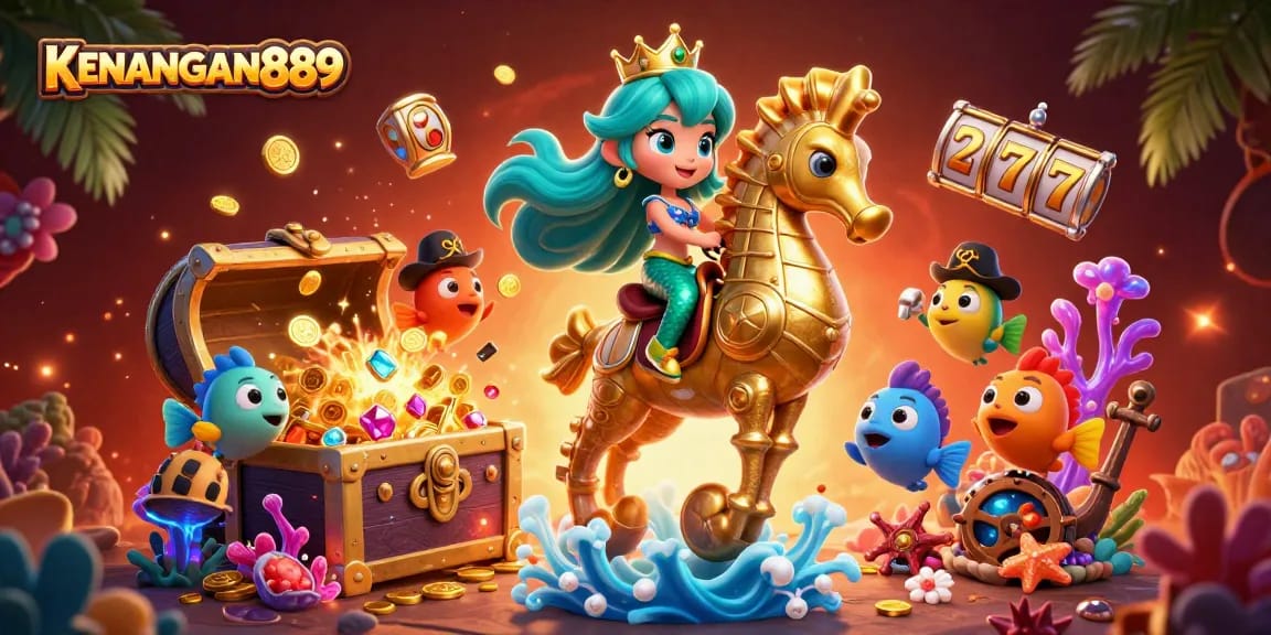 Play thrilling slots at KENANGAN889 with a vibrant underwater scene featuring magical treasures.