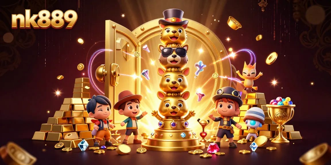 Join the excitement at nk889 with a vibrant casino scene featuring a golden totem pole and treasure.