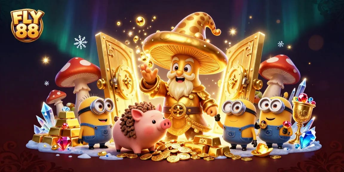 FLY 88 brings a vibrant online casino atmosphere with golden treasures and magical elements