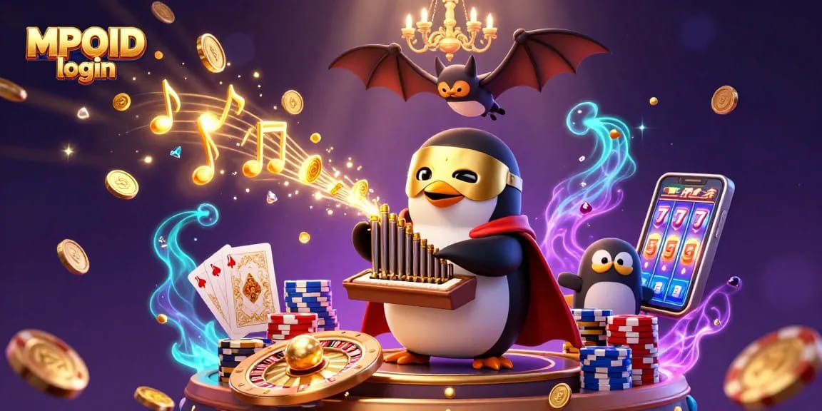 Experience the magic of MPOID login with a vibrant 3D casino scene featuring characters and game elements.