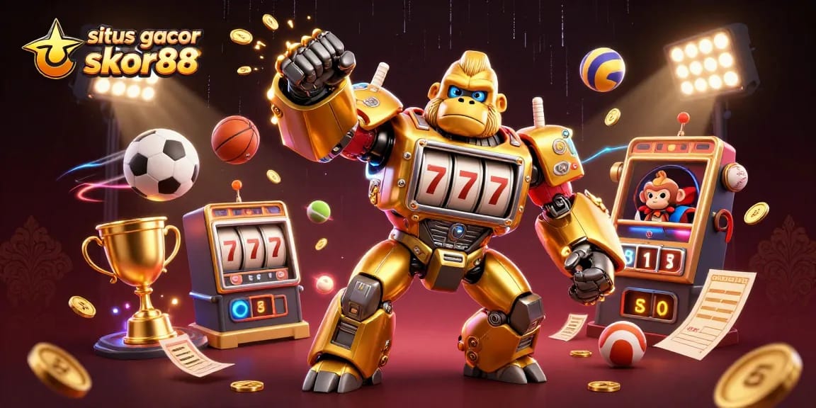Witness the action at situs gacor skor88 with a dynamic illustration of a golden gorilla mech amidst flying sports balls and betting slips.